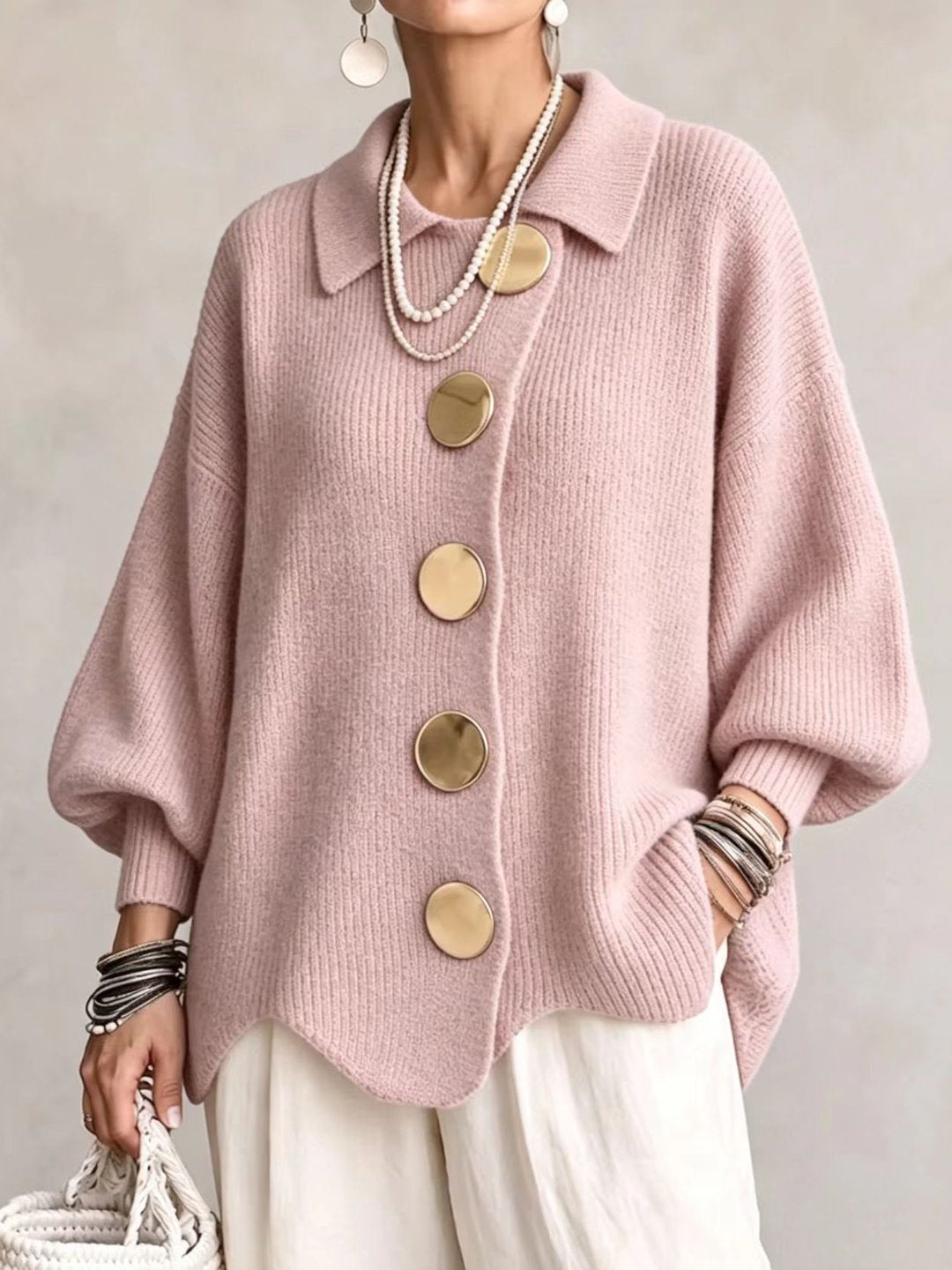 Stefany | Cárdigan Oversize con Cuello y Botones Metálicos