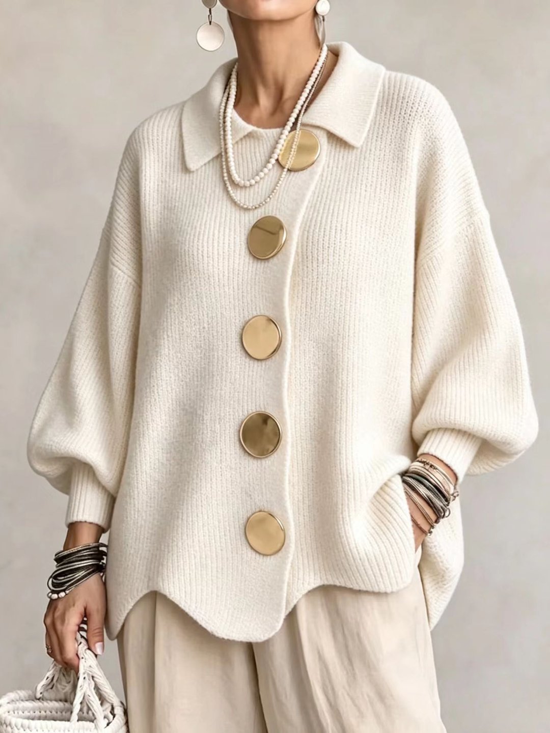 Stefany | Cárdigan Oversize con Cuello y Botones Metálicos