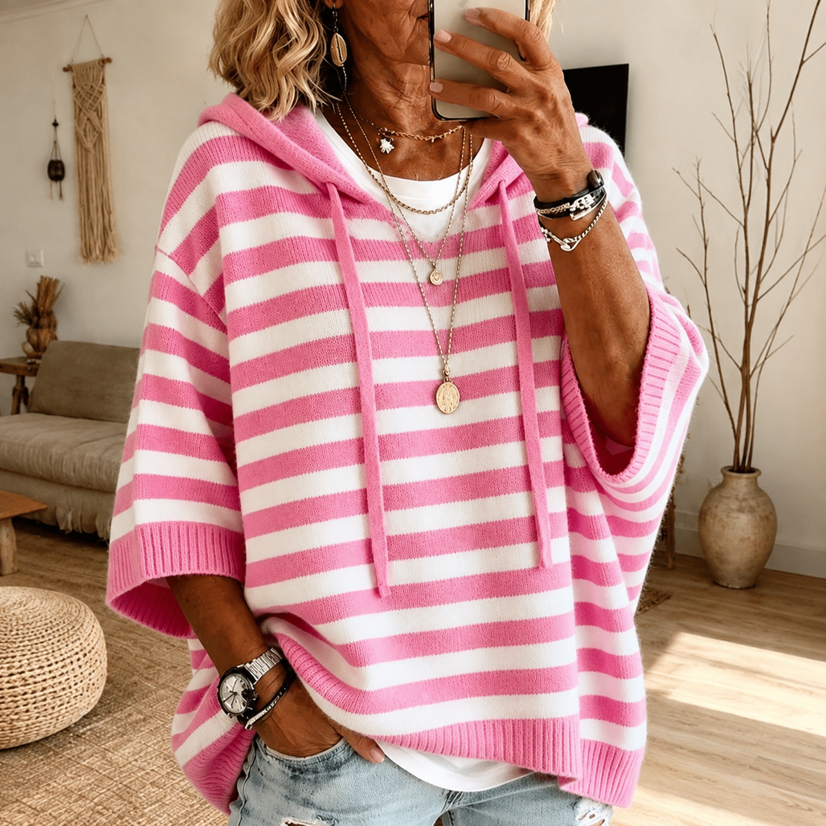 Cecilia | Jersey Poncho de Rayas Rosa
