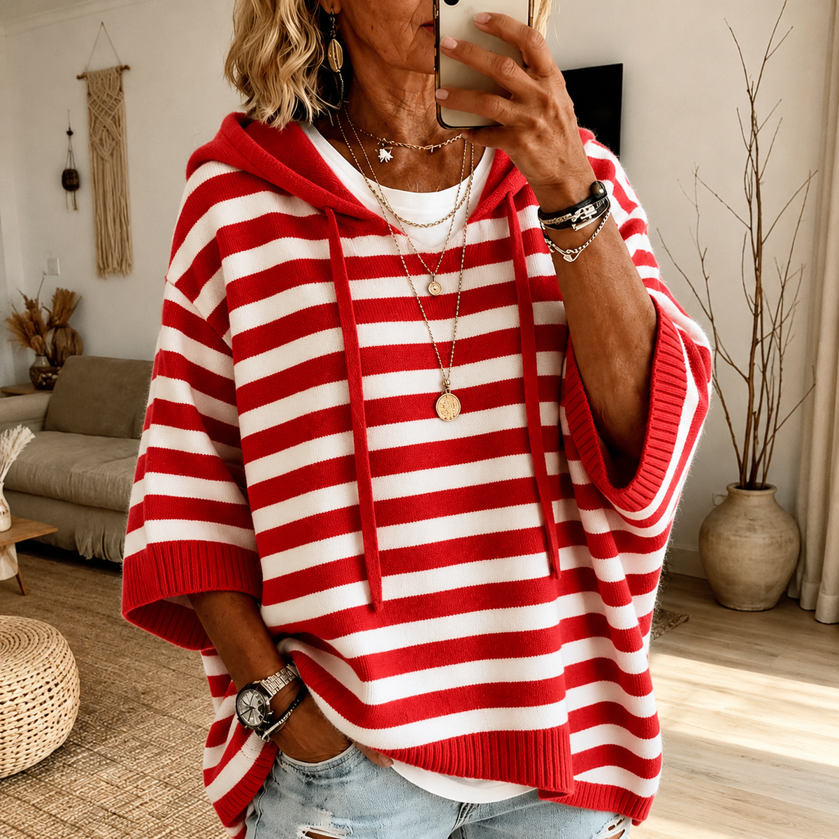 Lucrecia | Jersey Poncho de Rayas Rojo