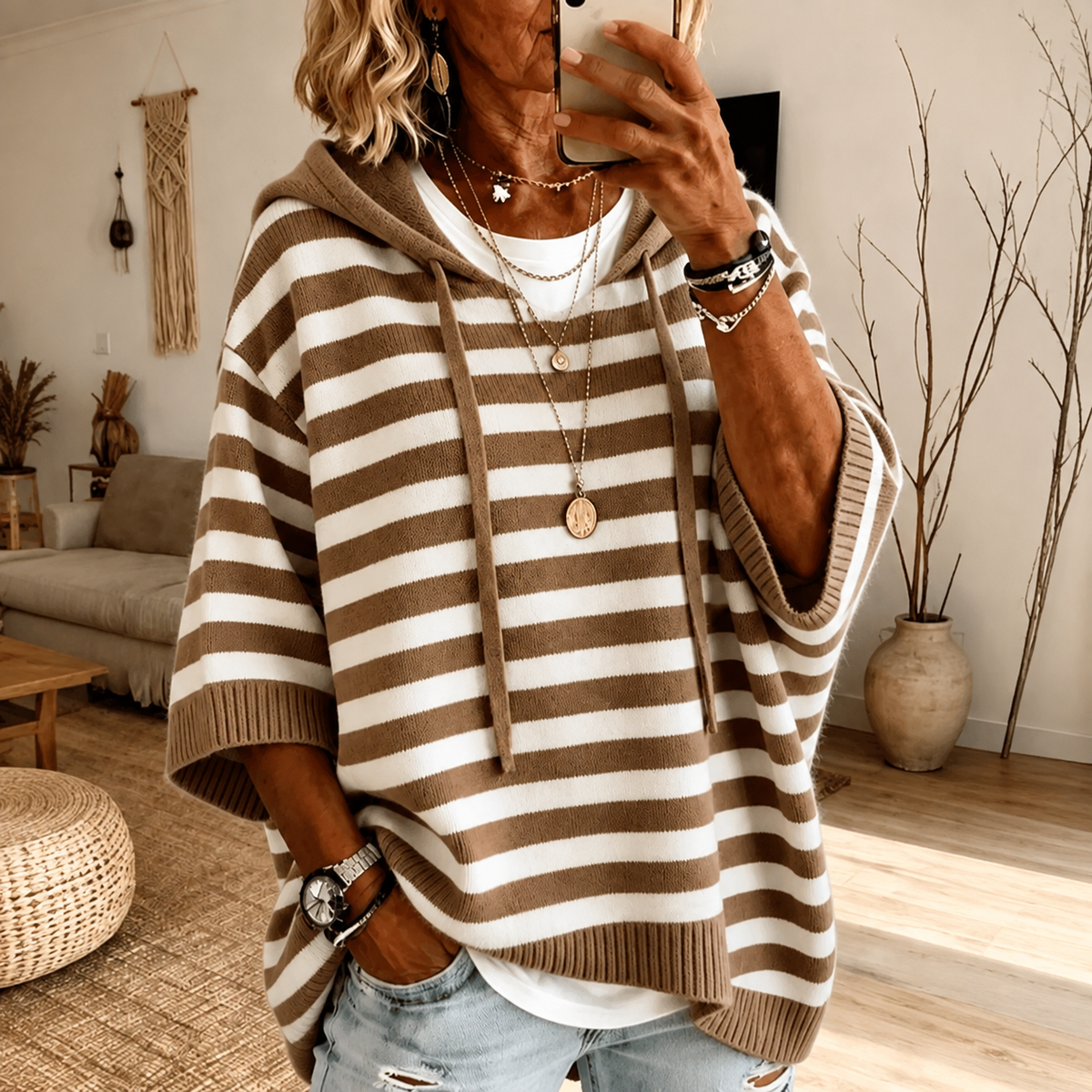 Felicidad | Jersey Poncho de Rayas Topo