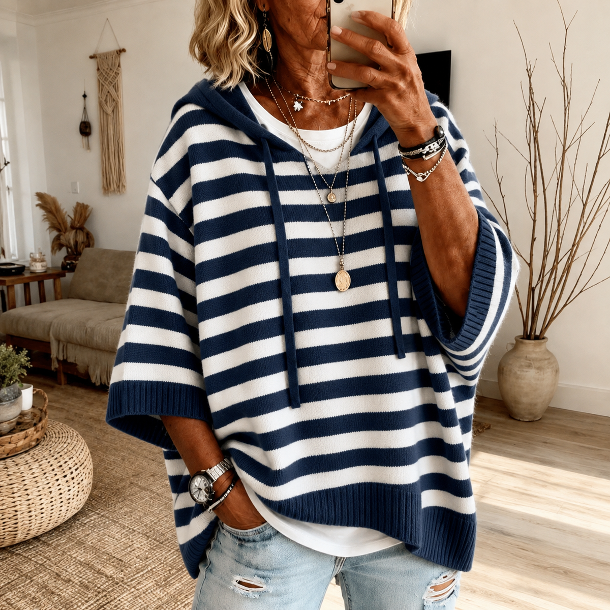 Edurne | Jersey Poncho de Rayas Azul Marino