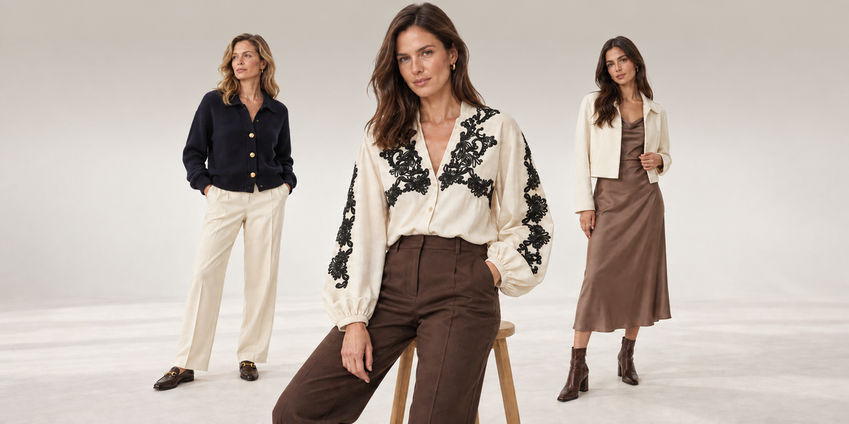 Moda Lumira: dos mujeres con conjuntos de sastrería en un estudio blanco